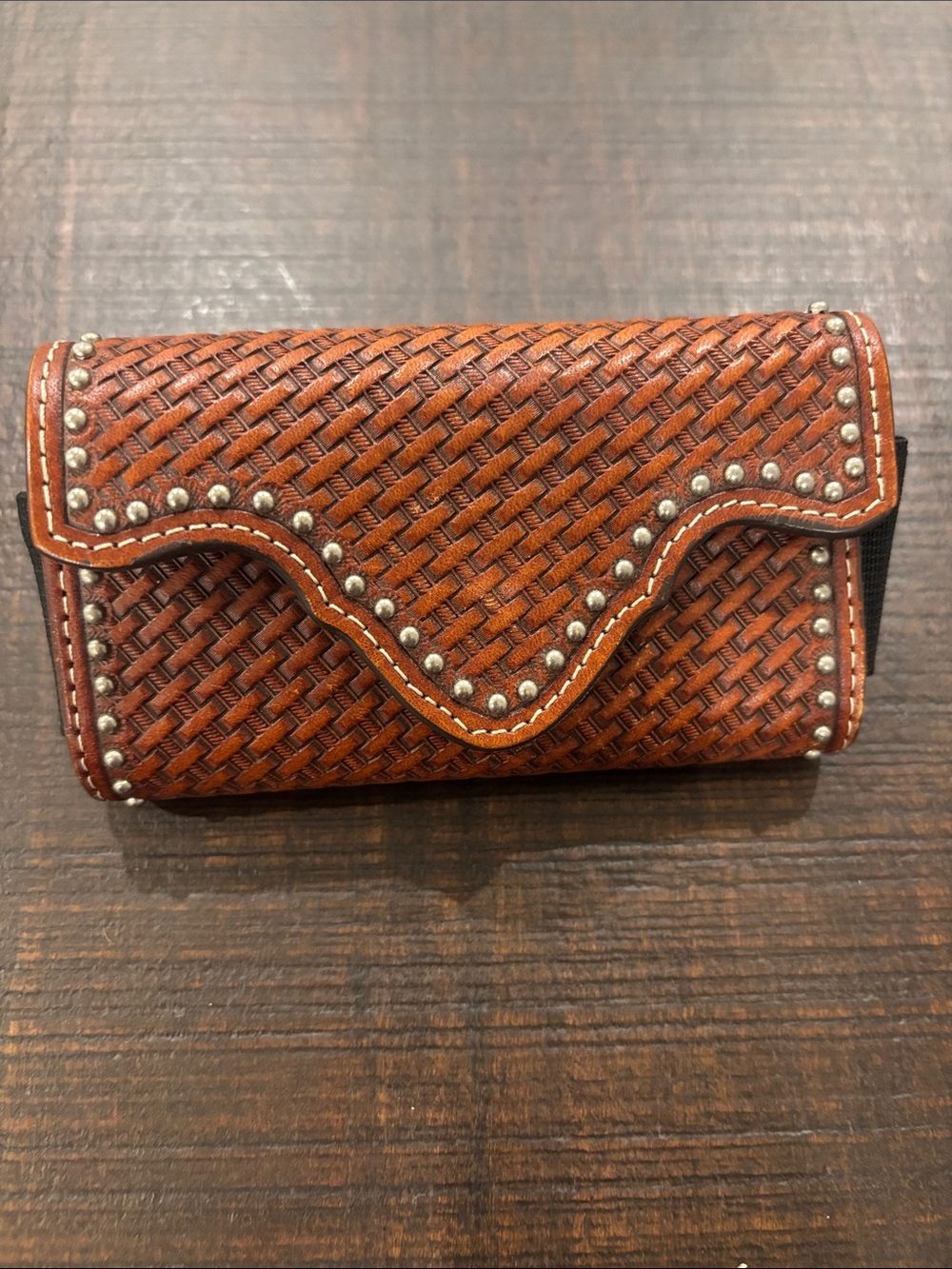 Western Basketweave Tooled Leather Cell Phone Case Belt Holster